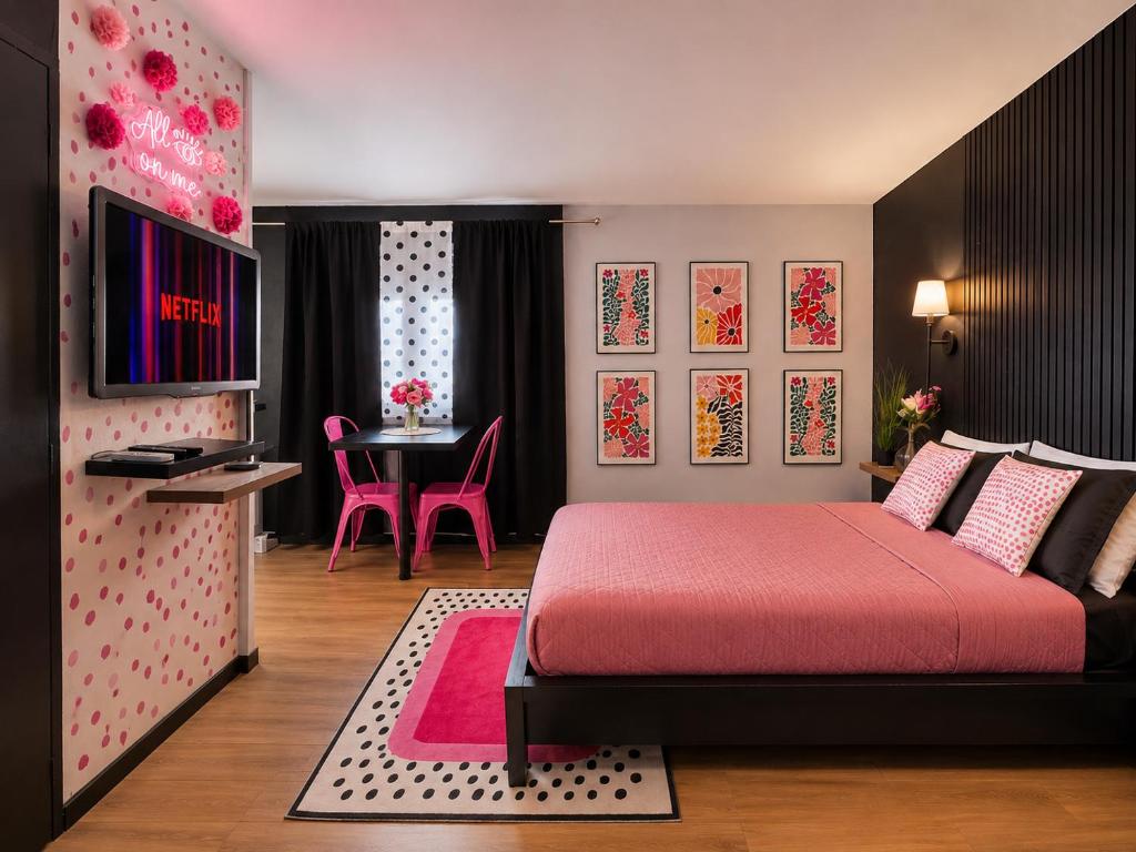 a bedroom with a red bed and a table with a table at Studio Superstar in Forbach
