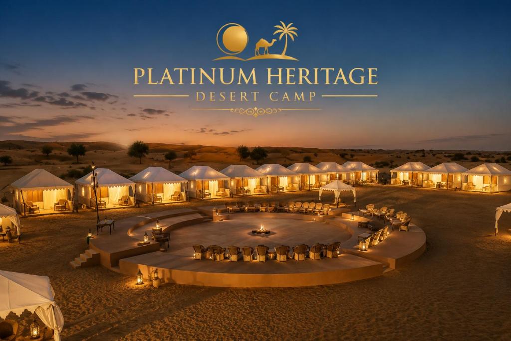 a group of tents in a desert camp at night at Platinum Heritage Desert Camp in Jaisalmer