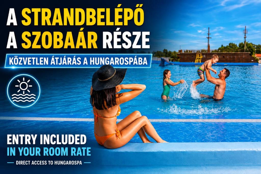 a flyer for a swimming pool with a group of people in the water at Hotel Délibáb in Hajdúszoboszló