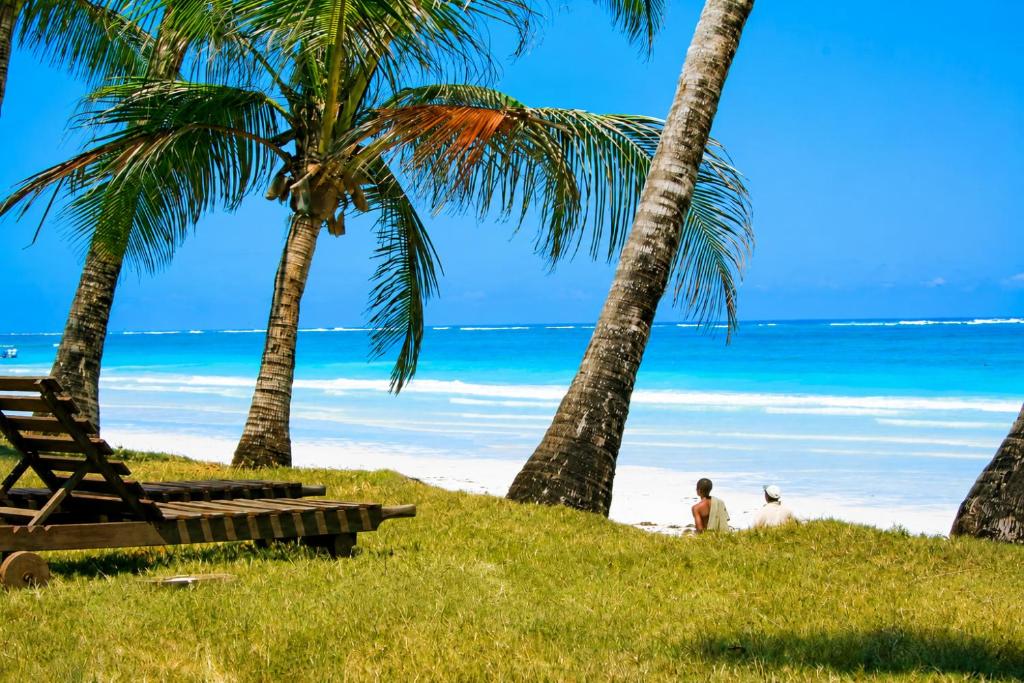 two people sitting on the beach under palm trees at Simba Apartments in Diani Beach
