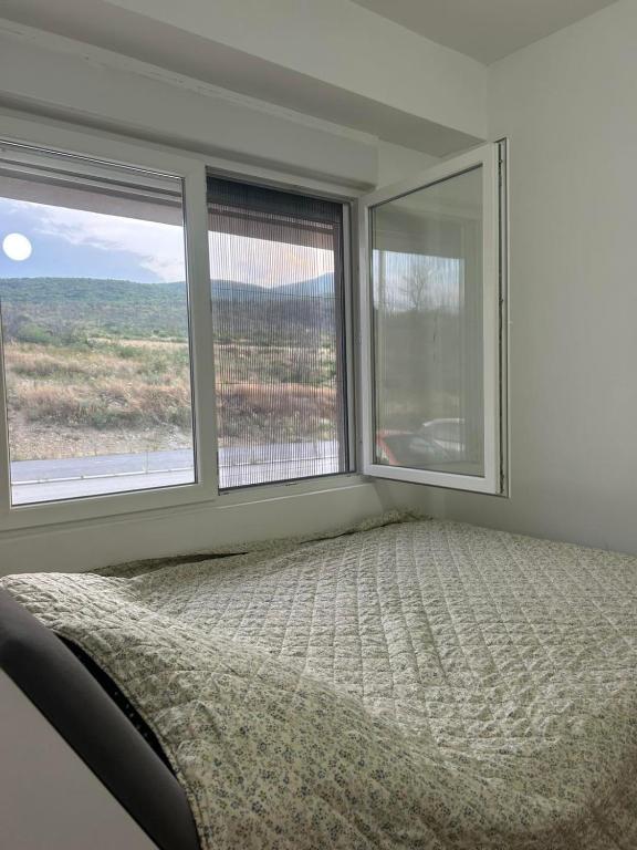a bedroom with a bed and two windows at Mila Todorovska in Star Dojran