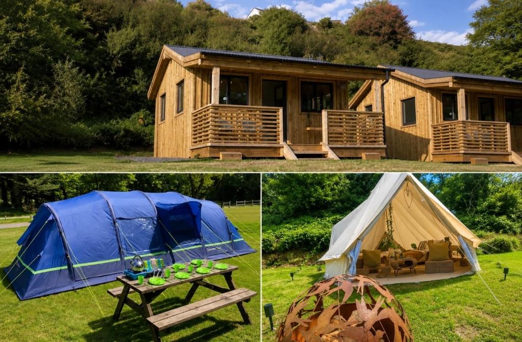 two pictures of a house and a tent at Glen Wyllin Campsite in Kirkmichael