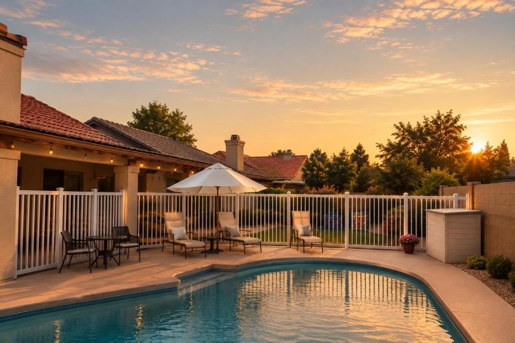 a swimming pool with chairs and a table and a fence at Desert Disconnect Pool and Putting Green in Gilbert