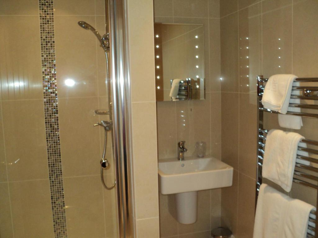 a bathroom with a shower and a sink and a shower at The Harp at Letterston in Letterston