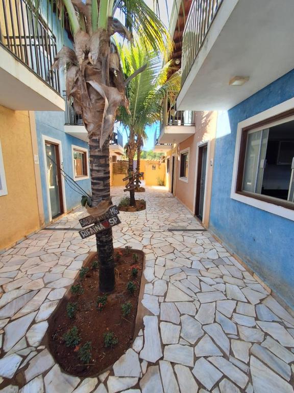 a stone walkway with a palm tree in a building at Pousada Conecta Travel in Rifaina