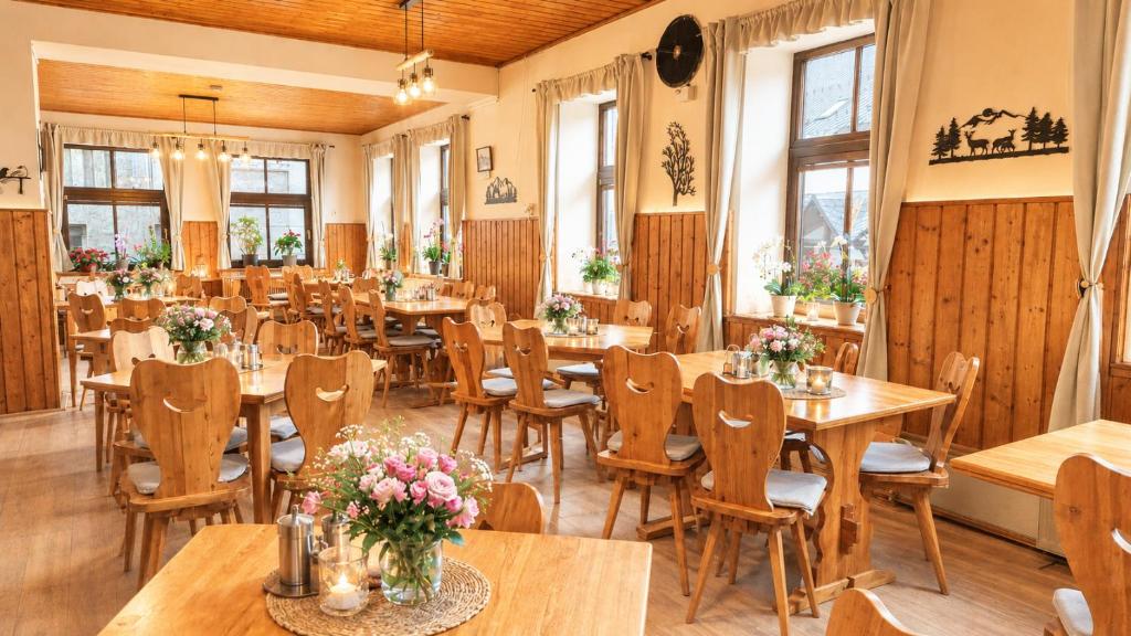 a restaurant with wooden tables and chairs and flowers at Penzion Na Rozcestí in Janov nad Nisou