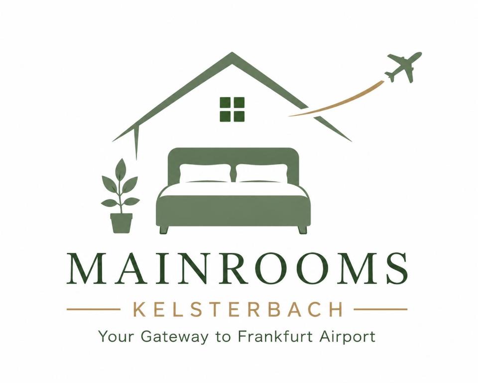 a logo for a bedroom with a bed and a house at Mainrooms Kelsterbach in Kelsterbach
