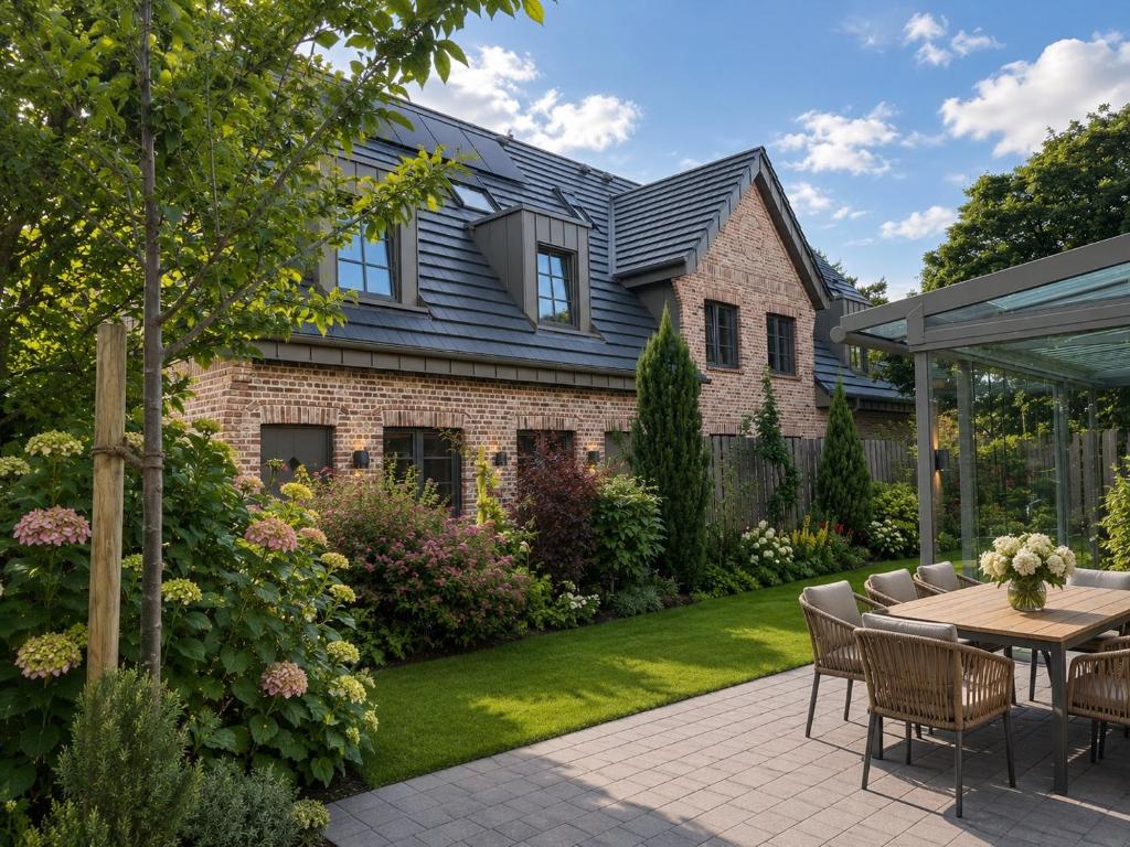 a garden with a table and chairs and a house at Kiefernhuus 3 in Norderney