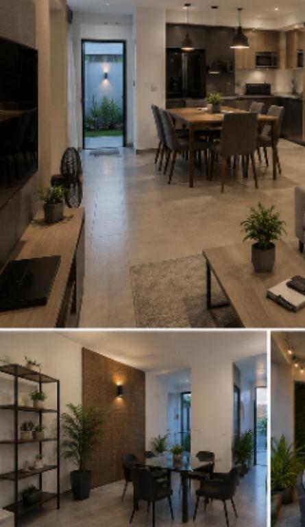 a kitchen and a living room with a table and chairs at Casa Aura Mindo in Mindo