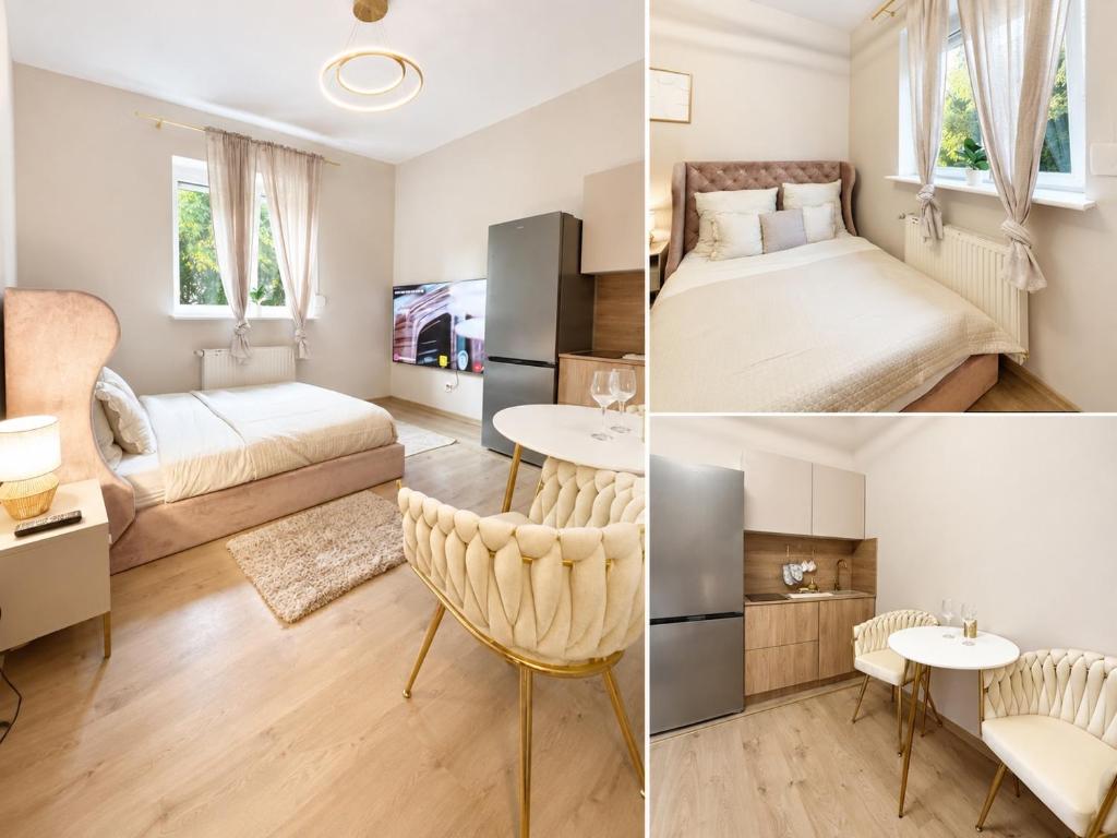 a bedroom and a living room with a bed and a couch at Panorama Apartament in Poznań