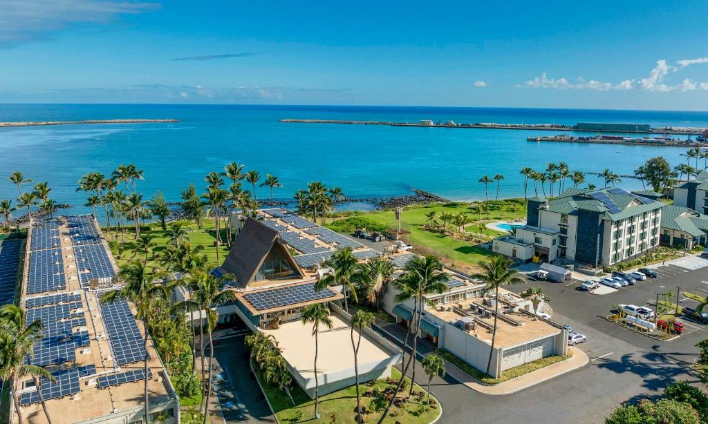 an aerial view of a resort and the ocean at Maui Beach Hotel in Kahului
