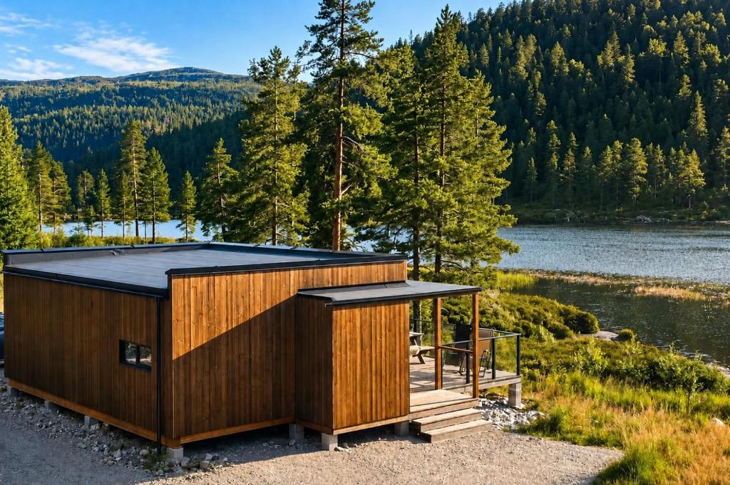 a cabin with a roof on the side of a lake at Peaceful lakefront cabin in Tjaldal