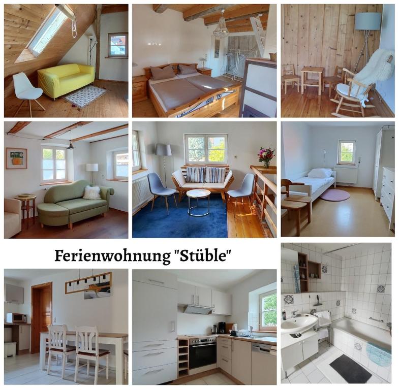 a collage of pictures of a living room and a kitchen at Vacation apartment Stüble in Aichstetten