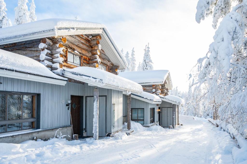 a log cabin in the snow with snow covered trees at Voimakelo - renovated - near ski bus in Kuusamo