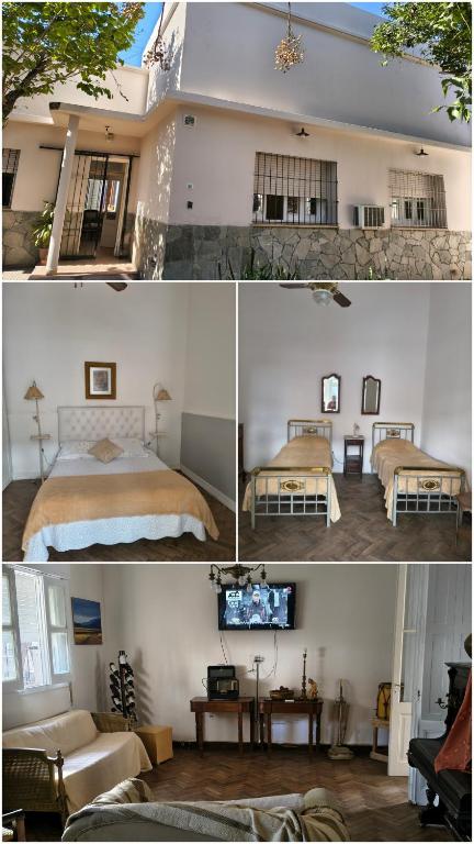 two pictures of a bedroom with a bed and a tv at Hostal LA BLANQUITA in San Fernando del Valle de Catamarca