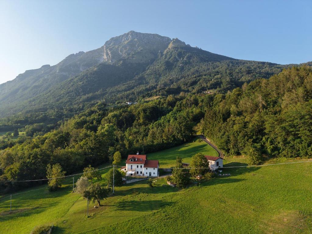 a house in a field in front of a mountain at Fastuc B&B in Ponte nellʼAlpi