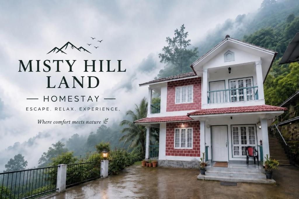 a house in the rain with the words misty hill land homesay at Misty Hill Land in Meppādi