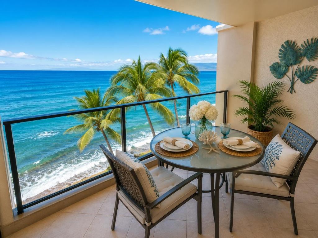 a dining room with a table and a view of the ocean at Mahana 604 Oceanfront 1BD 1BA condo in Kahana