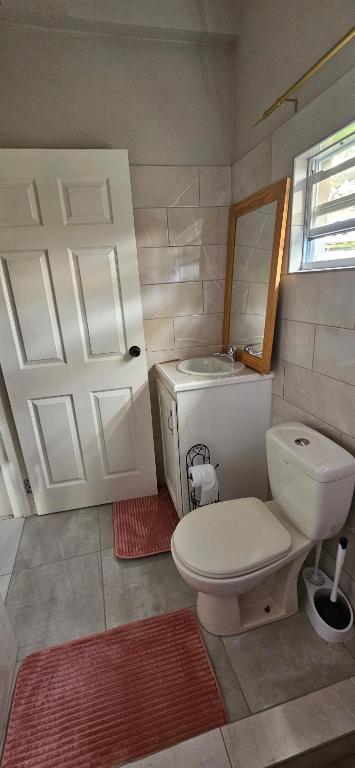 a bathroom with a toilet and a sink and a door at Hidden Gem in Happy Hill