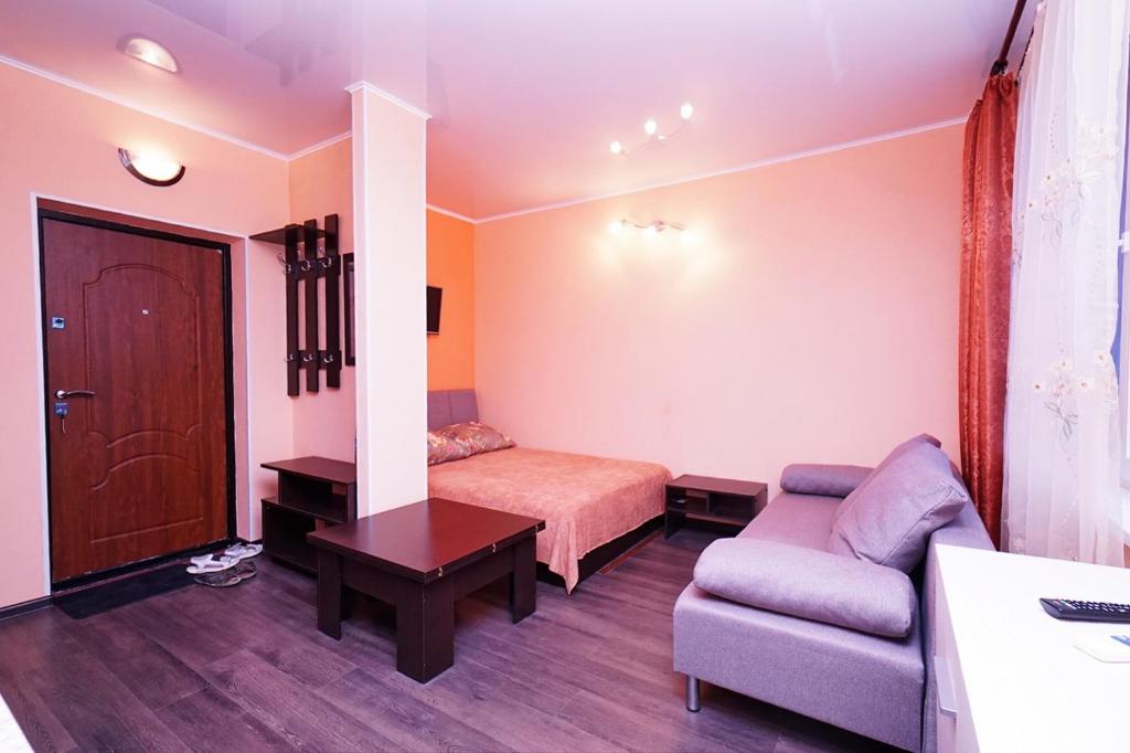 オリギンカにあるStudio on Zvezdnayaのベッド1台とソファが備わる小さな客室です。