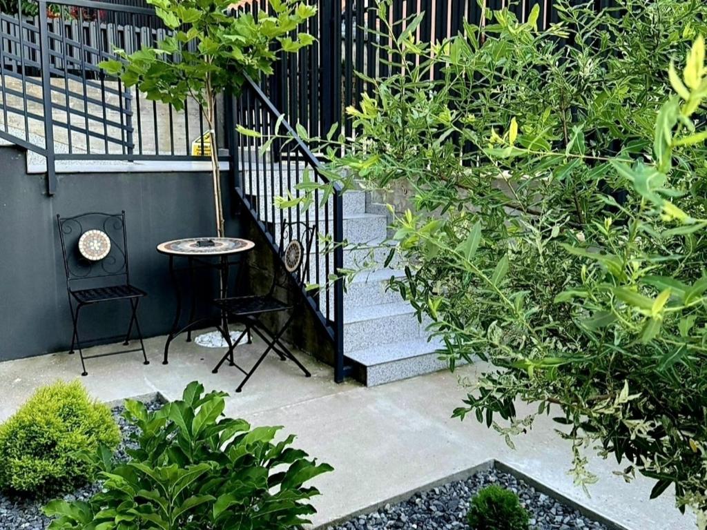 a small patio with a table and some plants at TEILOR Apartments 3 in Floreşti