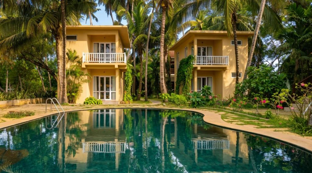a resort with a swimming pool in front of a building at Samadhi by the Venus Project in Ranna