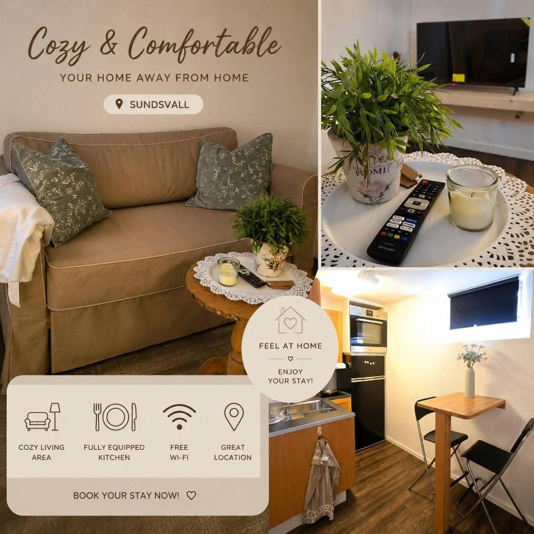 a collage of photos of a living room with a couch at Small cozy basement apartment in Sundsvall