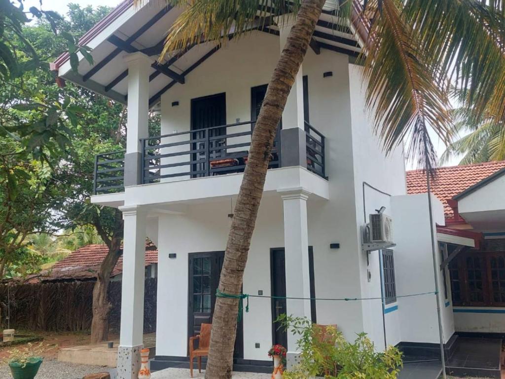 a white house with a palm tree in front of it at Ken Homestay Waikkala in Wayikkal