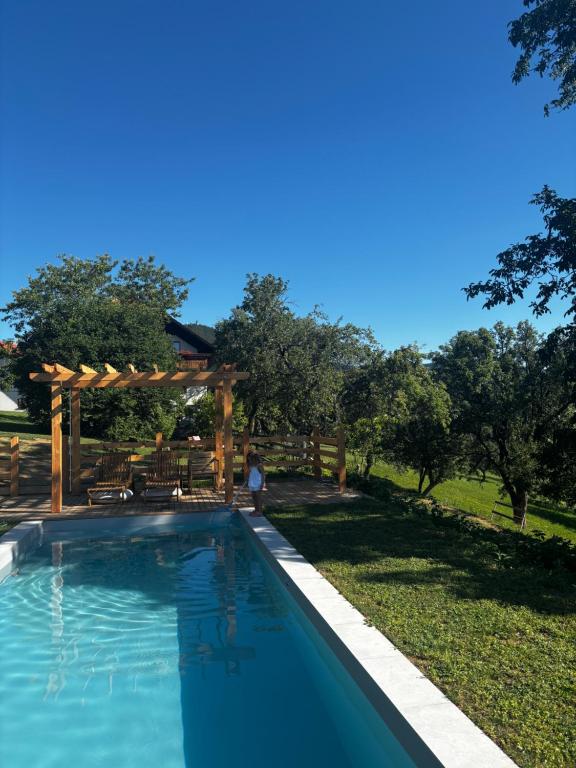a swimming pool in a yard with a pergola at Apartma Lesjak - pobeg v naravo 2 in Šmihel nad Mozirjem