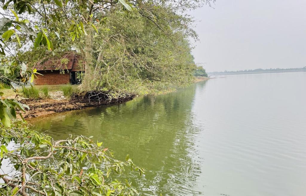 a small building on the side of a body of water at Aji fruit farm cottage peaceful lakeside farm stay with sunrise views 01 in Embilipitiya