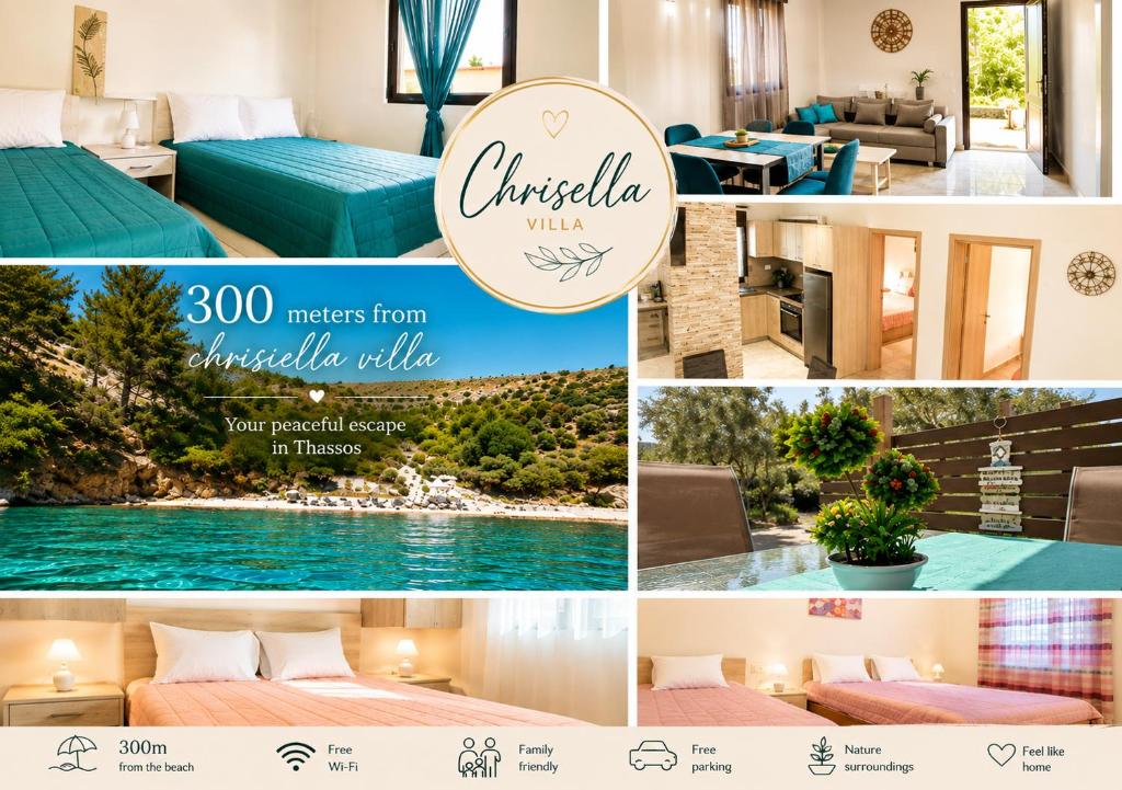 a collage of photos of a hotel room and a resort at Chrisella Villa in Skala Rachoniou