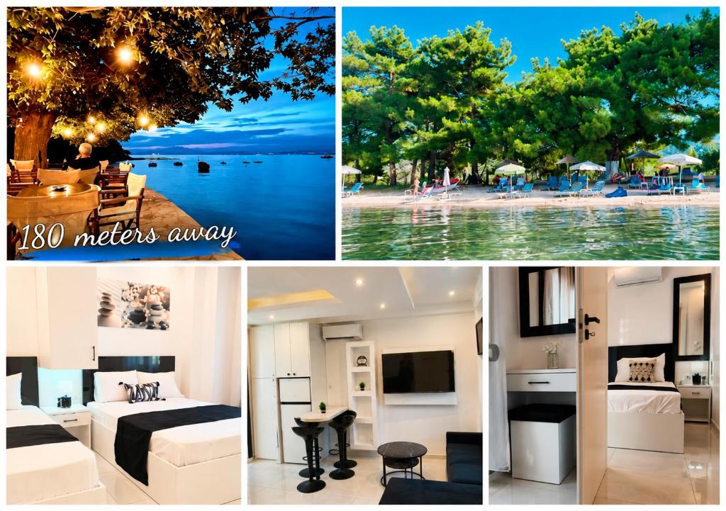 a collage of photos of a hotel room at Chrisella Crystal in Skala Rachoniou