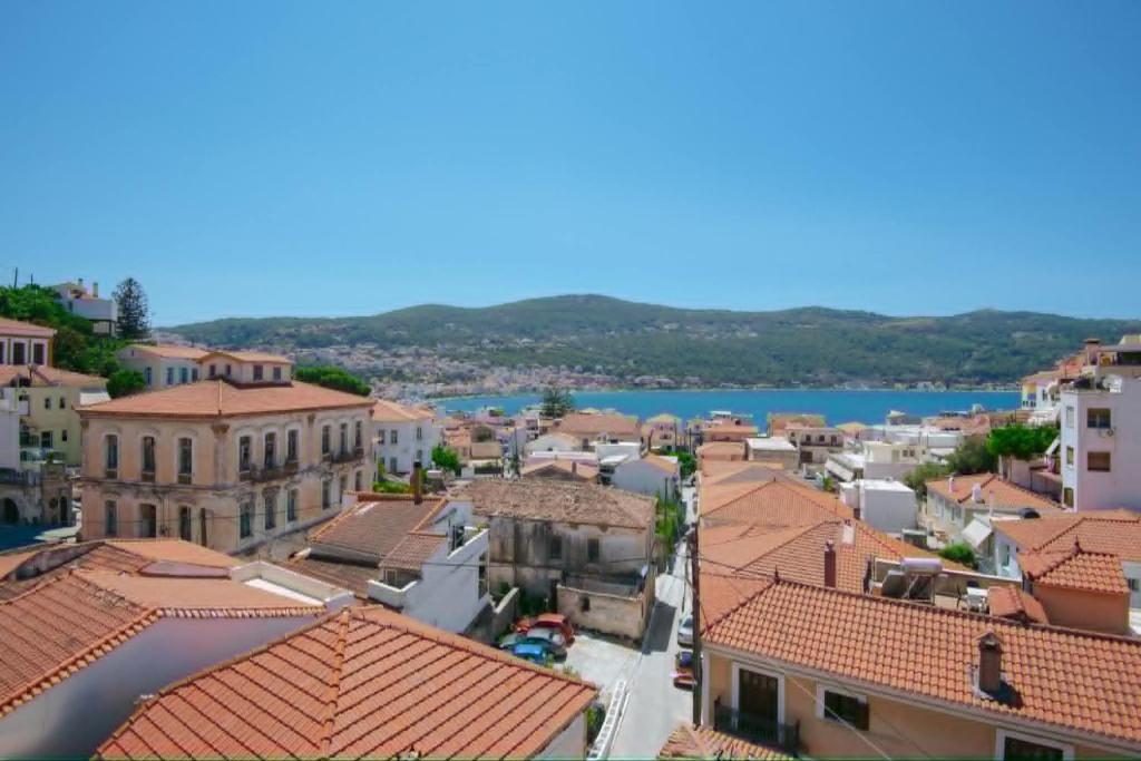 an aerial view of a town with a lake at Chris' Samos Home in Samos