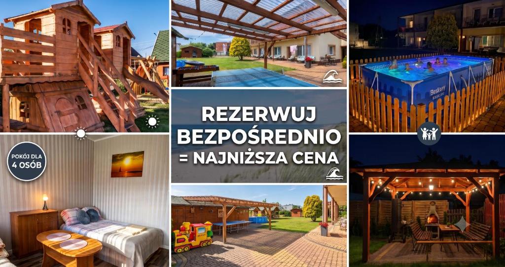 a collage of pictures with a pool and a house at Pokoje i Domki Nadmorskie - Bajkowa Mierzeja in Stegna