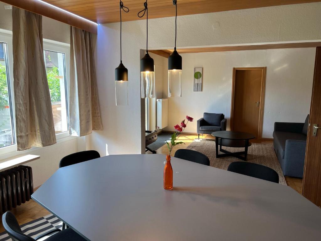 a living room with a white table and chairs at promedklinik apartment 4 in Volkach