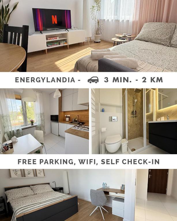 two pictures of a bedroom and a living room at Apartament Żabie Oczko in Zator