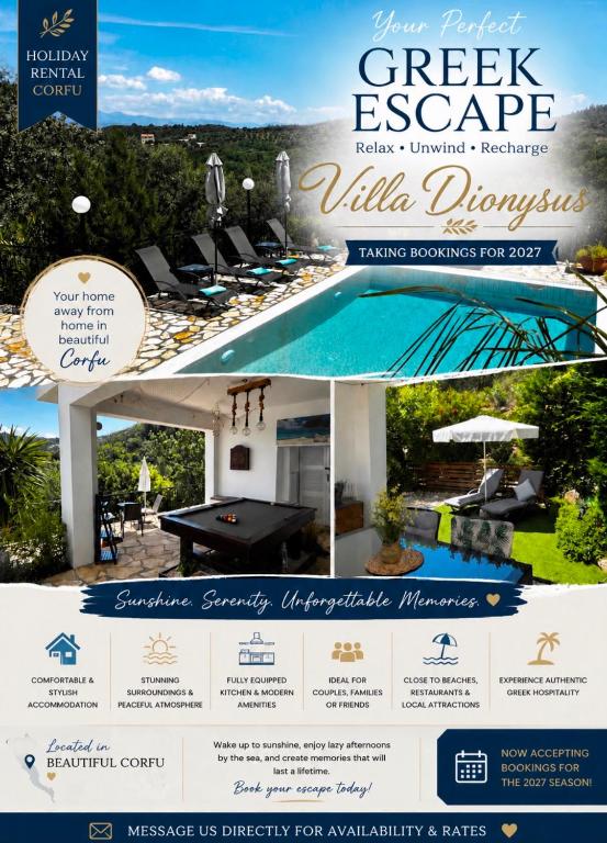 a flyer for a villa development with a pool at Villa dionysus in Acharavi