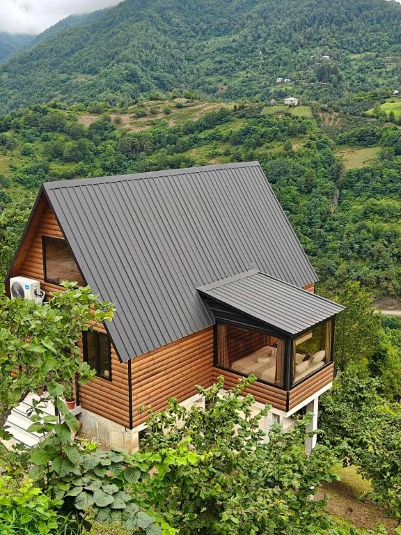 a house with a roof on top of a mountain at Keda Horizon Cottage in Koromkhet'i