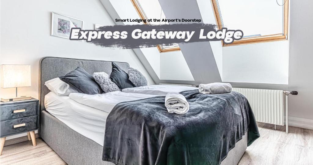 a bedroom with a bed and a sign that reads express gateway lodges at 10-Min Walk to Hauptbahnhof, Cozy Private Rooms with AC, TV & WIFI in Vienna