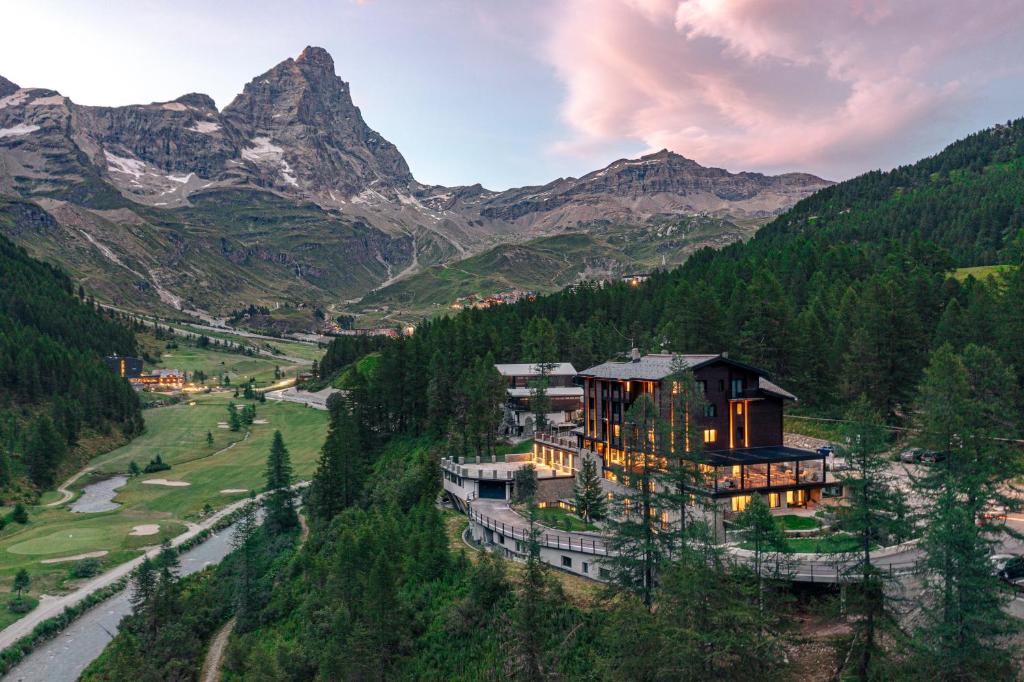 an aerial view of a house in the mountains at Chalet Valdotain in Breuil-Cervinia