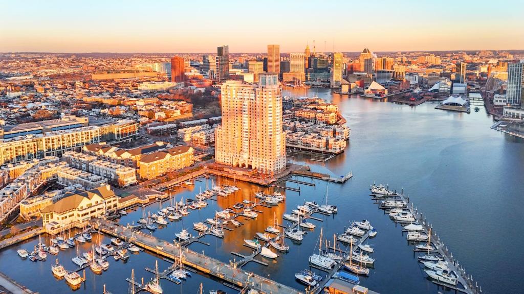 an aerial view of a harbor with boats in the water at Willow Estates Harborplace in Baltimore