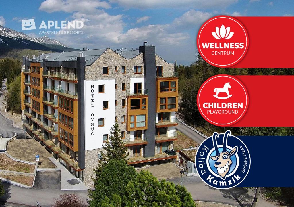 a collage of photos with a building and a sign at APLEND Hotel Ovruč in Štrbské Pleso