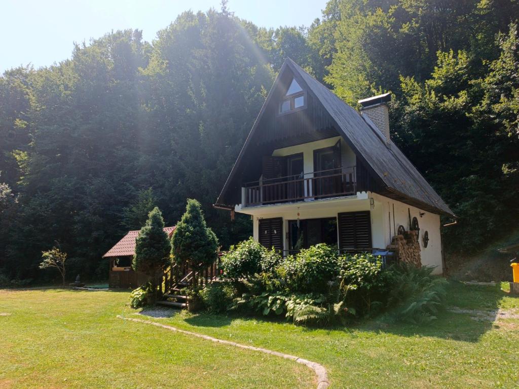 a house with a black roof on a grass field at Chata Moniela in Drietoma