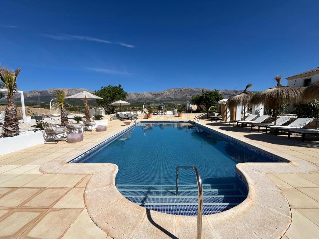a swimming pool in a resort with chairs and trees at B&B Boutique Casa Clavi in Chirivel