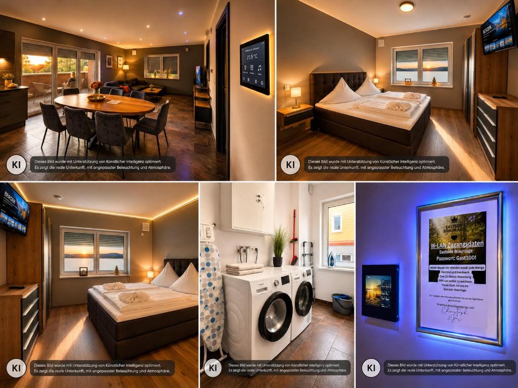 a collage of four pictures of a hotel room at Eastside Braunlage in Braunlage