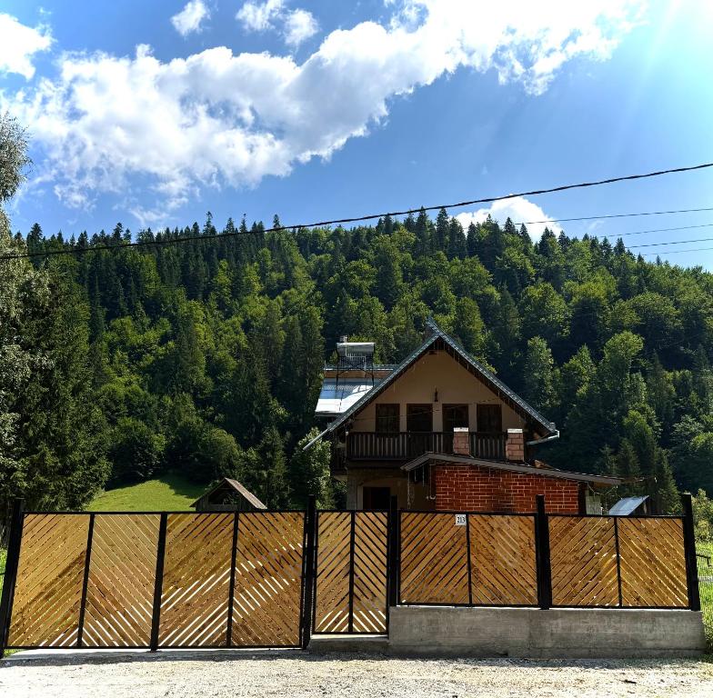 a house with a fence in front of a mountain at Casa hoinarului in Borca