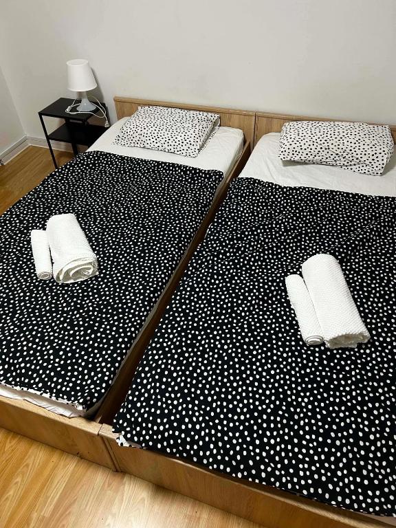 two beds with black and white polka dot sheets at Apartma pri babici in Slovenj Gradec