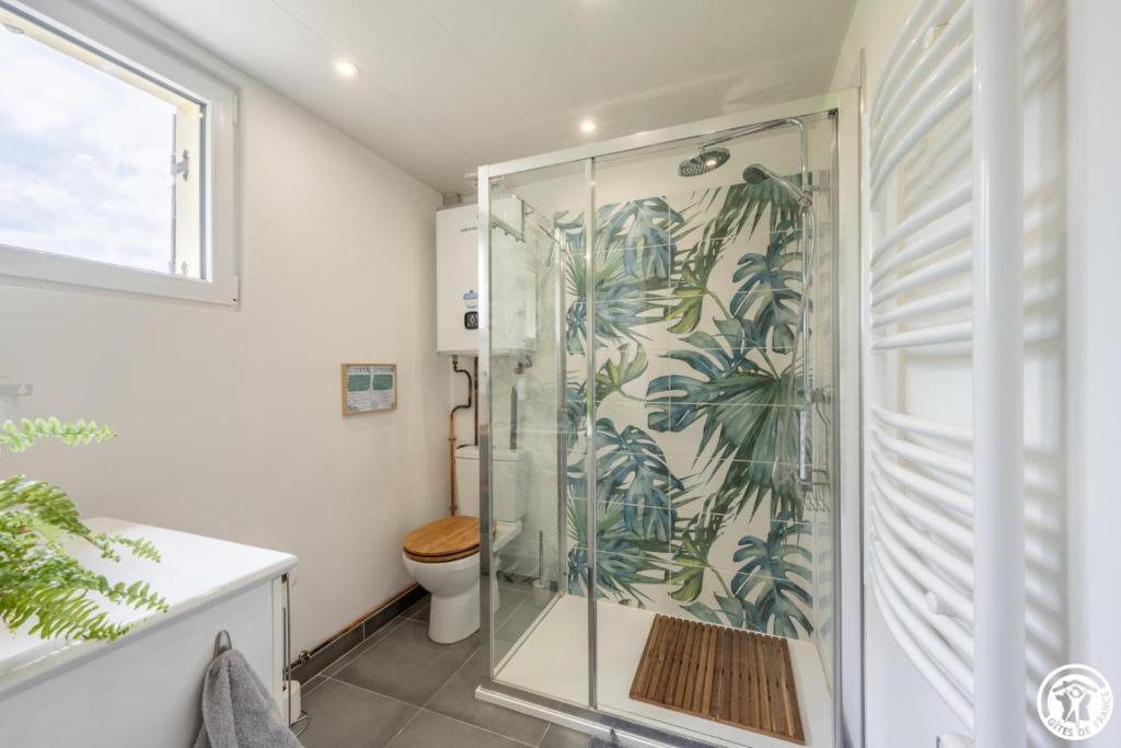 a bathroom with a glass shower with a toilet at Le beloiseau in Breteuil