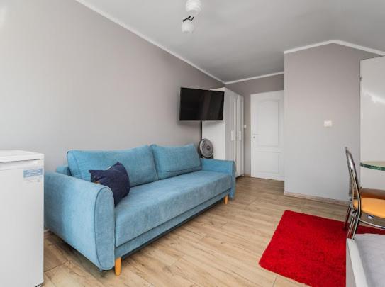a blue couch in a living room with a tv at Martina in Stegna