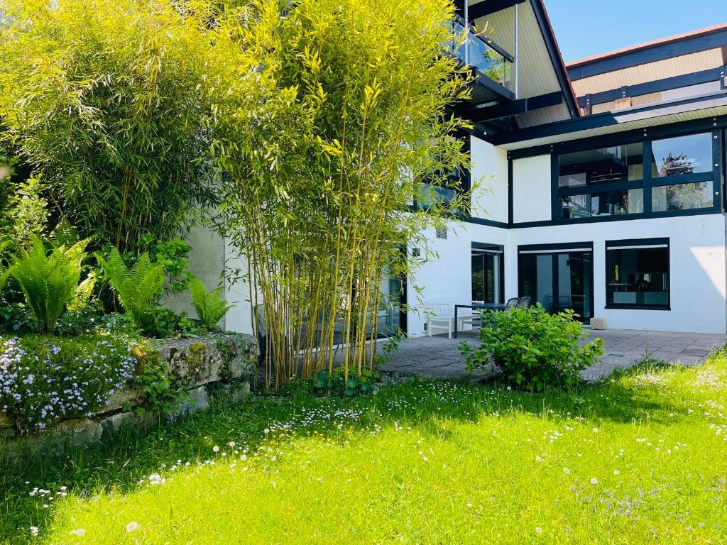 a house with a fence and a yard at Blick ins Grüne in Daisendorf